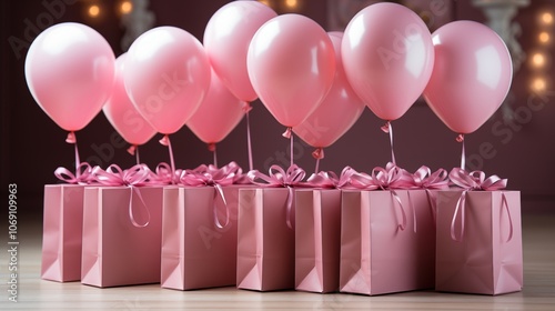 Fun pink gift bags with balloons, perfect for birthdays or special events. photo