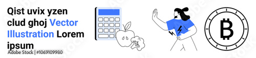 Calculator, apple, female character in athletic pose, bitcoin icon. Ideal for finance, health, fitness, digital currency, technology, education productivity Landing page