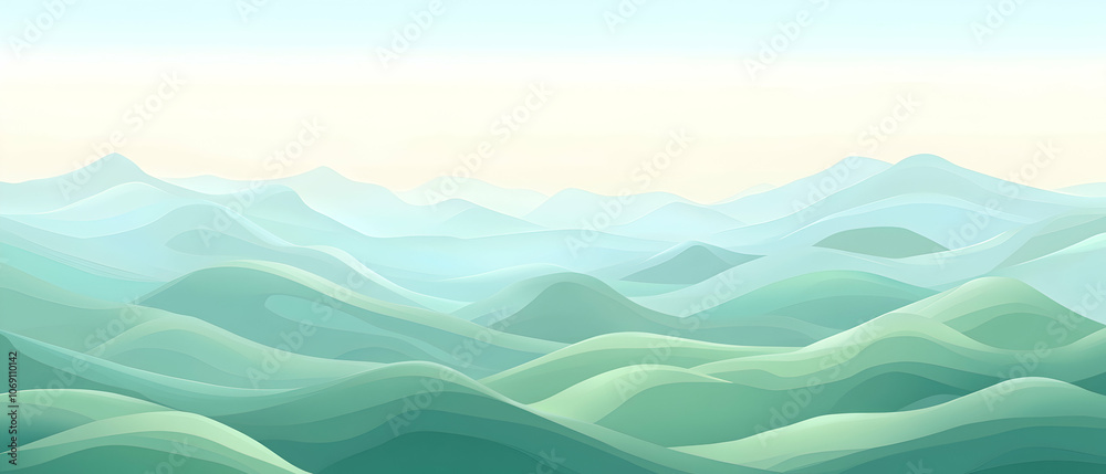Misty green hills in the morning with soft clouds. Misty green hills in the morning with soft clouds.