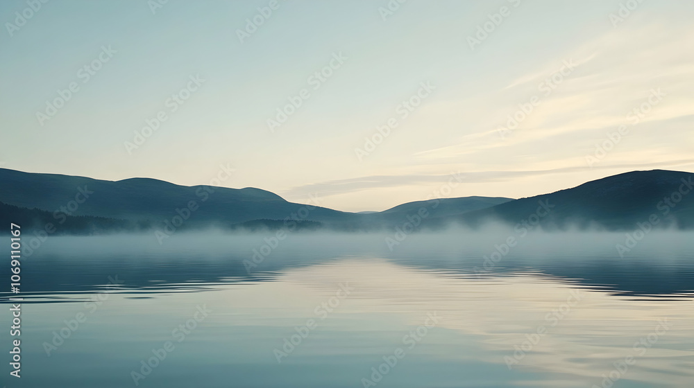 Fototapeta premium Misty morning over calm lake with distant mountains.