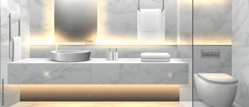 Modern bathroom with a white marble vanity, a sleek sink, a toilet, and a glass shower. Modern bathroom with a white marble vanity, a sleek sink, a toilet, and a glass shower.