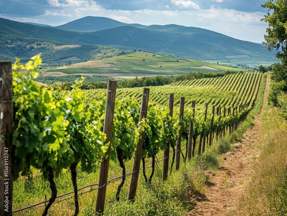 Fototapeta premium beautiful view of tokaj vineyards in hungary, with lush grapevines stretching across rolling hills, capturing the essence of winemaking and the charm of the countryside