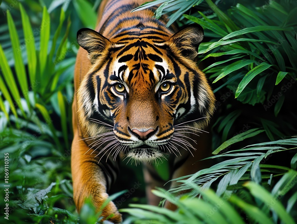 Fototapeta premium beautiful sumatran tiger stealthily moving through its lush habitat, showcasing its majestic stripes and intense gaze, surrounded by vibrant foliage that highlights the richness of its environment