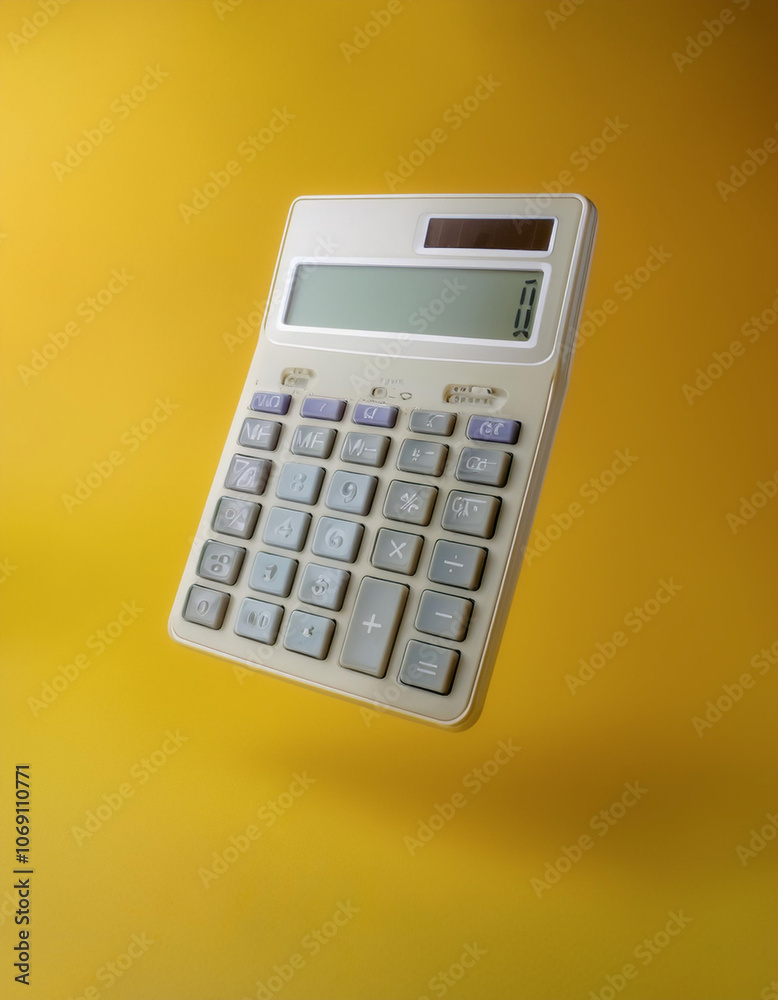 Calculator floating or flying isolated on yellow pastel background Calculator floating or flying isolated on yellow pastel background