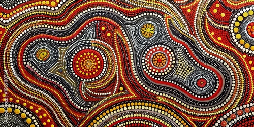 Abstract Dot Painting Red, Yellow, and White Circles on a Black Background, Australian Aboriginal Art, Indigenous Art, Dot Art