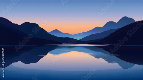 Serene mountain lake reflecting a tranquil sunset sky.