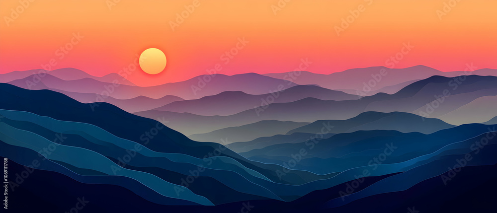 Sunset over a range of layered mountains. Sunset over a range of layered mountains.