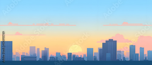 Sunrise over a city skyline with clouds.