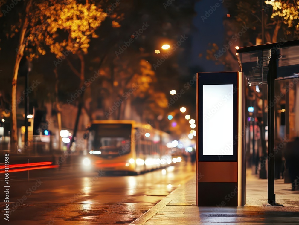blank vertical digital billboard poster at a bustling city bus stop at night, with blurred urban lights in the background, ideal for advertisement mockups blank vertical digital billboard poster at a bustling city bus stop at night, with blurred urban lights in the background, ideal for advertisement mockups