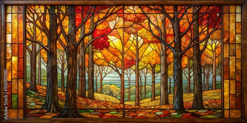 Autumnal Forest Stained Glass Window, with its vibrant colors and intricate details, depicts a serene wooded landscape.