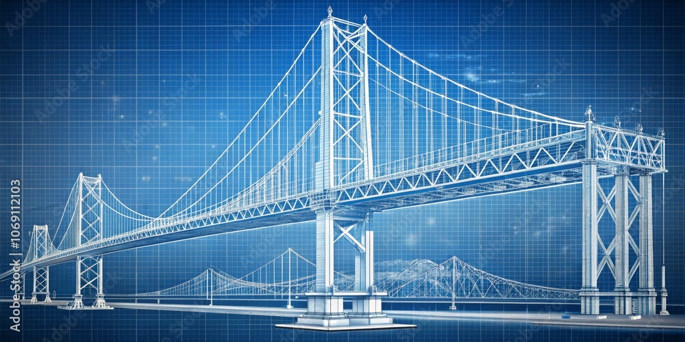 Fototapeta premium Blueprint Design of a Suspension Bridge, Blueprint, Engineering, Bridge Design
