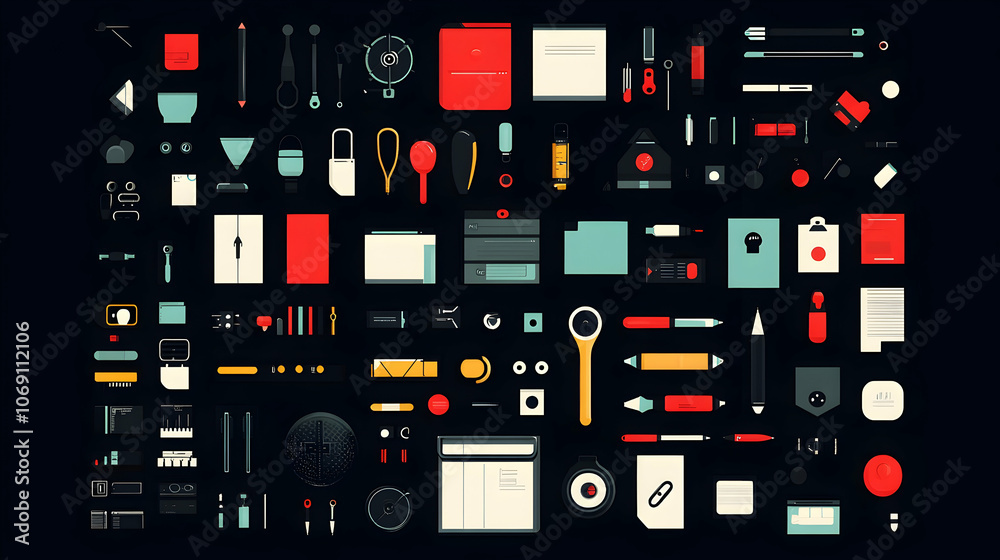 A colorful flat design illustration of various office supplies. A colorful flat design illustration of various office supplies.