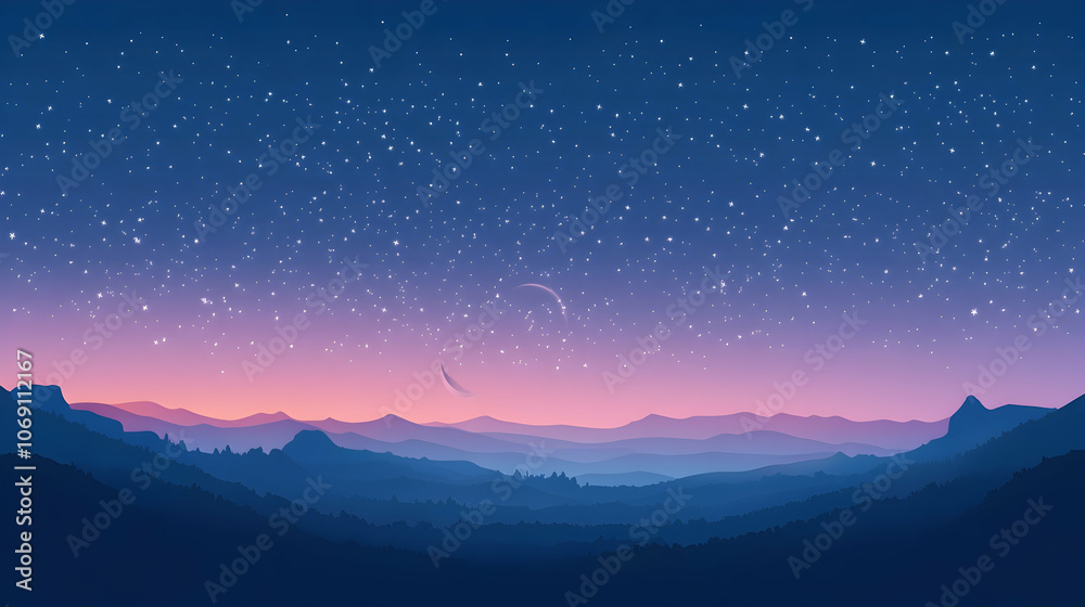 A crescent moon and a starry sky above a mountain range at dusk.