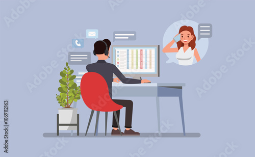 customer man service representative assisting a client over the phone or via chat character vector illustration design. Customer Service Interaction concept.