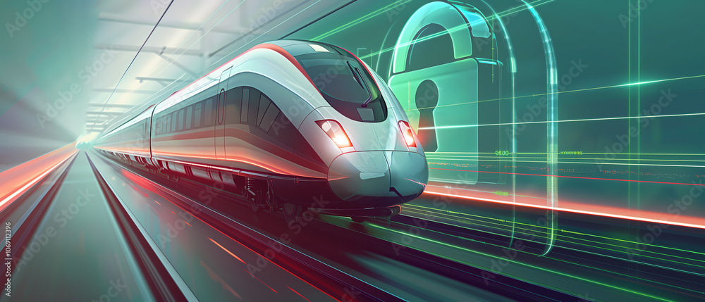 Fototapeta premium High-Speed Train Cybersecurity, Protecting Data in Modern Rail Networks, Advanced Digital Security for Transportation 