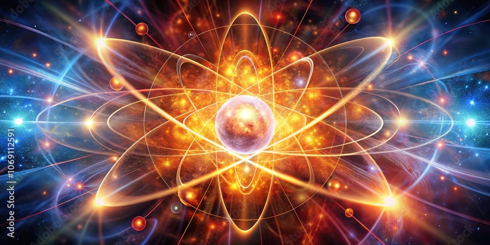 Obraz premium Cosmic Nucleus A Digital Art Composition of a Vibrant Atomic Model, Space, and Glowing Particles, abstract, science, art,