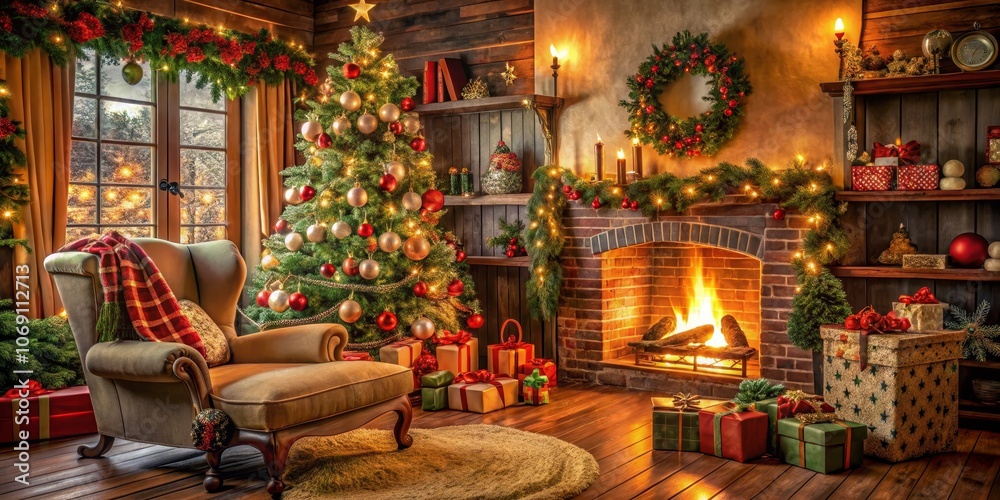 Cozy Christmas Fireplace with Decorated Tree and Presents, Cozy Christmas, Holiday Interior, Fireside Christmas , Christmas, Holiday, Fireplace Cozy Christmas Fireplace with Decorated Tree and Presents, Cozy Christmas, Holiday Interior, Fireside Christmas , Christmas, Holiday, Fireplace
