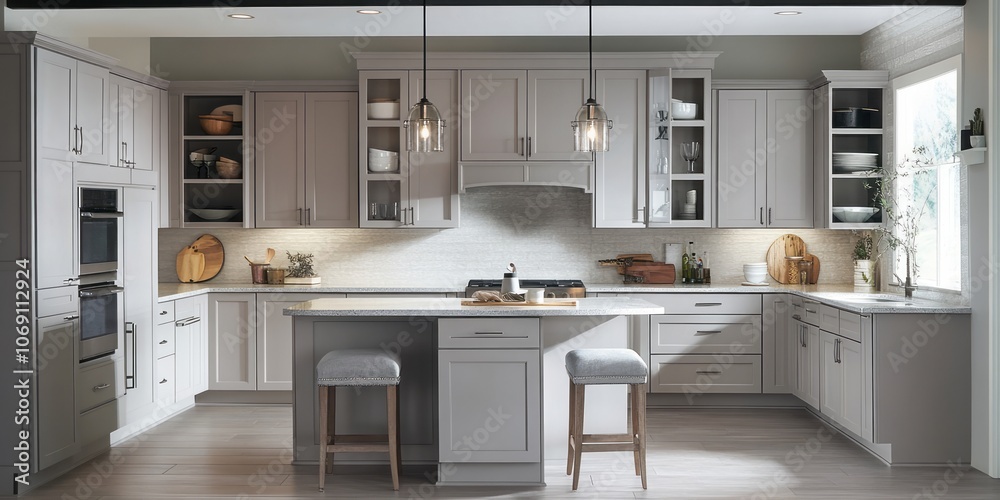 Modern Kitchen with Grey Cabinets, Island, and Two Stools Modern Kitchen with Grey Cabinets, Island, and Two Stools