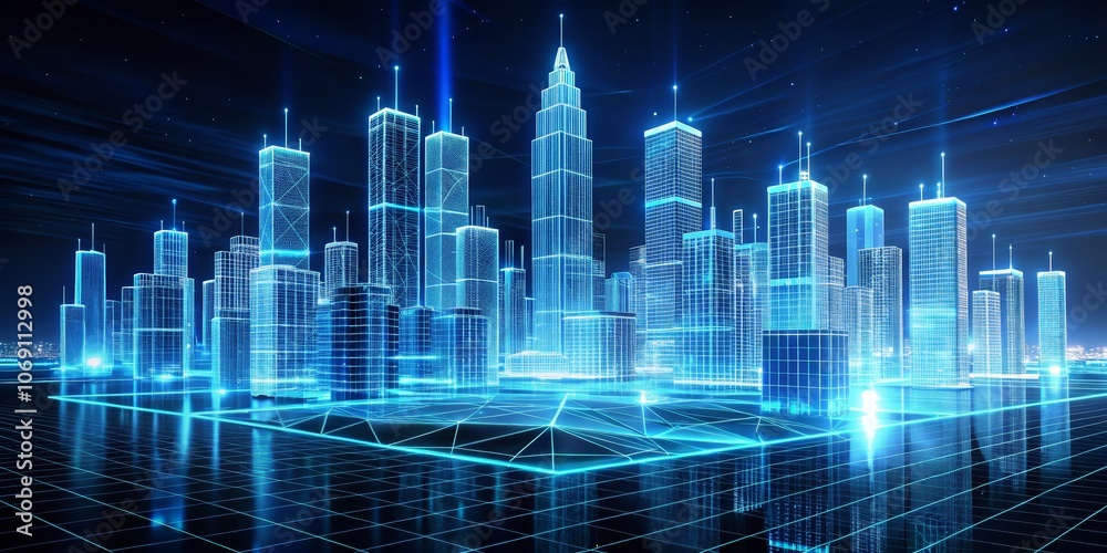 Digital Cityscape Neon Blue Wireframe Buildings Reflecting on Gridded Surface, Futuristic Architecture, Virtual City, 3D Rendering, Night Sky, Cityscape, Wireframe Digital Cityscape Neon Blue Wireframe Buildings Reflecting on Gridded Surface, Futuristic Architecture, Virtual City, 3D Rendering, Night Sky, Cityscape, Wireframe