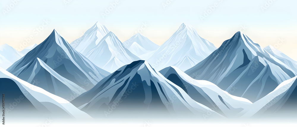 A panoramic view of snow-capped mountains in the distance, with a hint of fog in the valley. A panoramic view of snow-capped mountains in the distance, with a hint of fog in the valley.