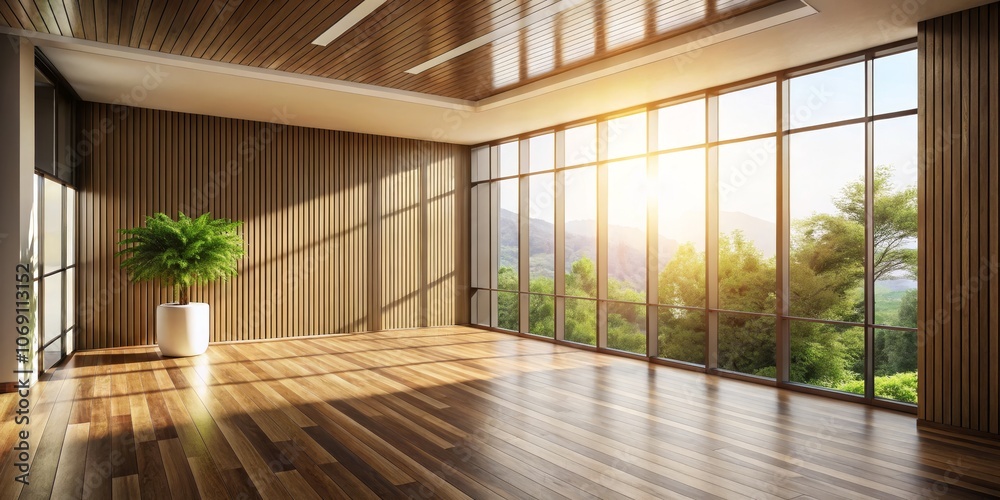 Empty Room with Wooden Walls and Large Windows, Sunlight Streaming Through, Minimalist Interior Design, Modern Architecture, Wood Panels, Sunbeams, Natural Light Empty Room with Wooden Walls and Large Windows, Sunlight Streaming Through, Minimalist Interior Design, Modern Architecture, Wood Panels, Sunbeams, Natural Light