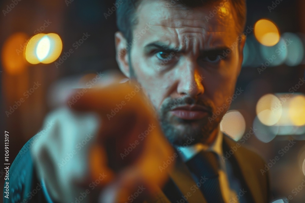 Blurred finger pointing at camera businessman clicking virtual button. Blurred finger pointing at camera businessman clicking virtual button.
