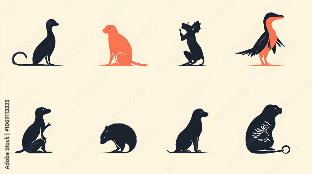 A set of 8 animal silhouettes in various poses, including a meerkat, a dog, a monkey, and a bird. A set of 8 animal silhouettes in various poses, including a meerkat, a dog, a monkey, and a bird.
