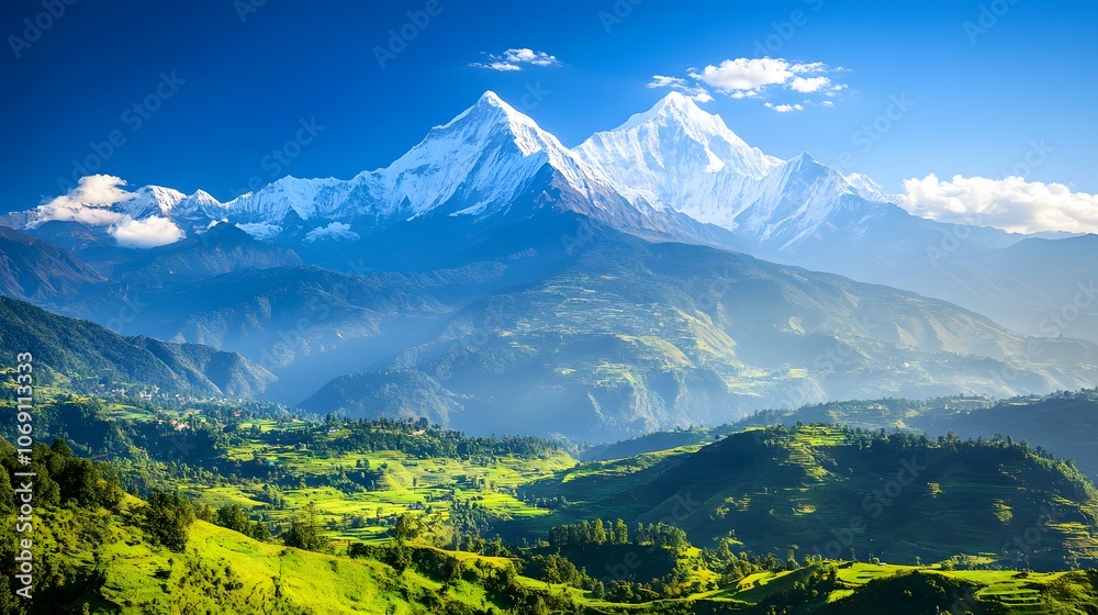 A majestic mountain range with snow-capped peaks towering above lush green valleys below A majestic mountain range with snow-capped peaks towering above lush green valleys below