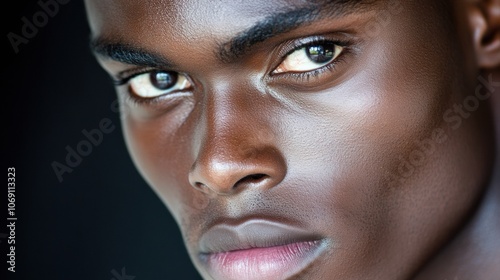 Close-up portrait of a person with intense gaze and smooth skin, AI