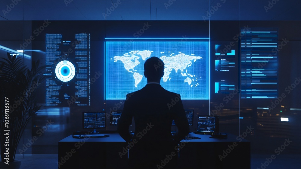 Hacker in a High-Tech Control Room Monitoring Global Data Streams Hacker in a High-Tech Control Room Monitoring Global Data Streams