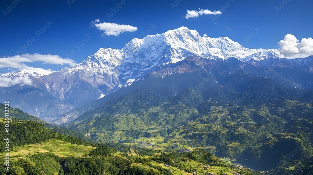 Fototapeta premium A majestic mountain range with snow-capped peaks towering above lush green valleys below