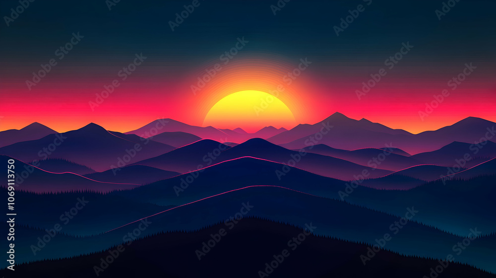 Fototapeta premium A vibrant sunset over a mountain range with a yellow sun.
