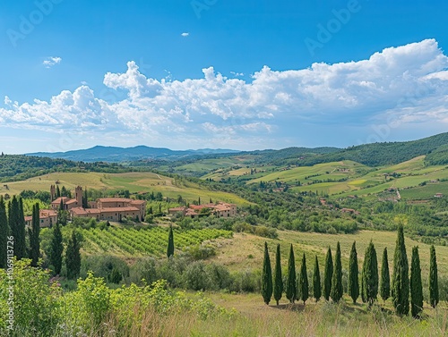 breathtaking tuscan landscape featuring lush green hills rolling under a cobalt sky, dotted with quaint villas and cypress trees, capturing the essence of rural italy in a warm golden light