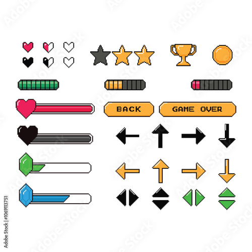 Pixel game icon. Retro video games element, arcade UI button, digital console 8-bit interface, pixels heart, bomb, star, menu buttons controller item. Vector set