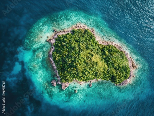 breathtaking view of a lush green island surrounded by crystal-clear turquoise waters and coral reefs, showcasing nature's untouched beauty and tranquility in a tropical paradise