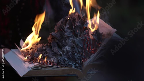 Close-up of old vintage book burns with fire in the hands of unrecognizable woman in the dark 4K