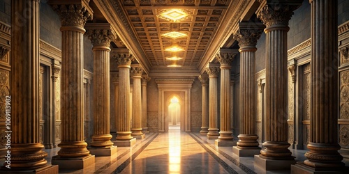 Golden Pillars Leading to Light, Ancient Architecture, Temple, Colonnade, Interior Design ,architecture , temple