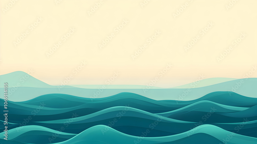 Abstract blue and white illustration of waves and mountains on the horizon. Abstract blue and white illustration of waves and mountains on the horizon.