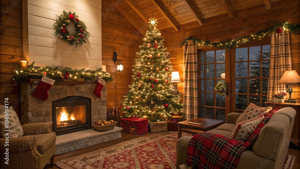 custom made wallpaper toronto digitalcozy lofi room for winter recreation and celebrating Christmas and New Year, pleasant night lighting with a large window and a view of winter nature, cozy home environment,