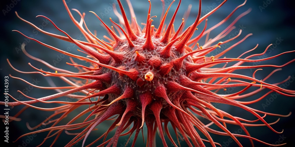 Microscopic View of a Red Spiky Organism, 3D Render, Cell Structure, Biology, Microbiology, Infection Microscopic View of a Red Spiky Organism, 3D Render, Cell Structure, Biology, Microbiology, Infection