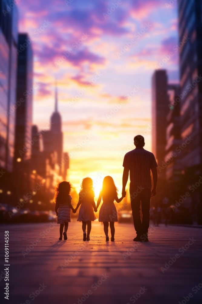 Silhouette of a family walking together at sunset in the city Silhouette of a family walking together at sunset in the city
