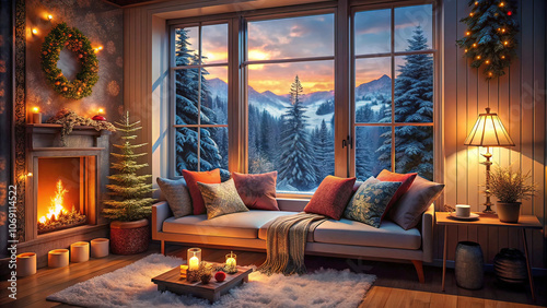cozy lofi room for winter recreation and celebrating Christmas and New Year, pleasant night lighting with a large window and a view of winter nature, cozy home environment,