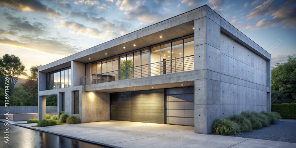 Fototapeta premium Modern Concrete House with Pool and Garage Door at Sunset, 3D Rendering, Architecture , Minimalist , Contemporary