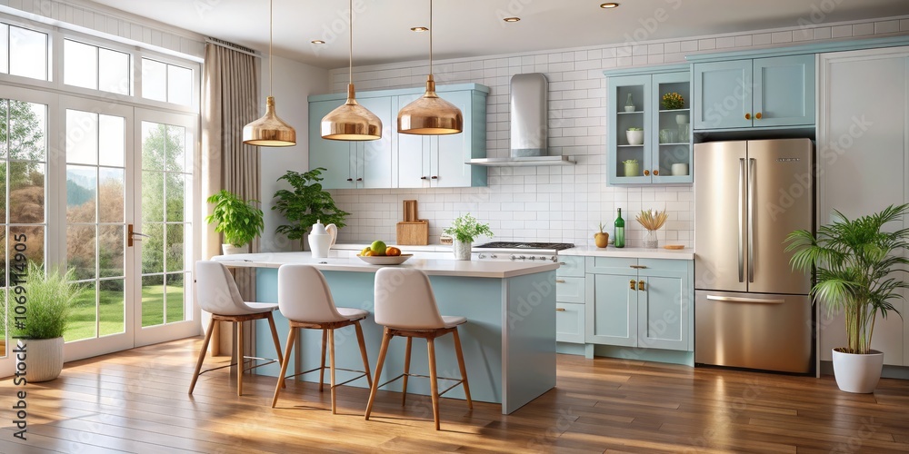 Modern Kitchen Design with White Bar Stools and Gold Accents, kitchen interior, kitchen design, kitchen decor