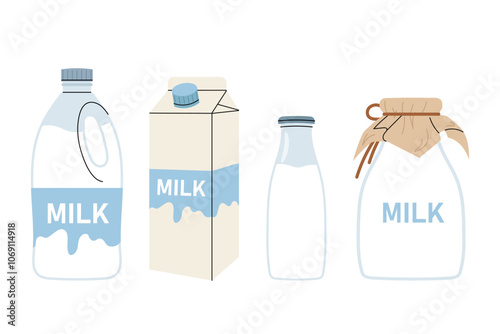 Milk. Different packs of dairy product. Set with milk bottle, plastic canister and cardboard box. Flat illustration on white background.
