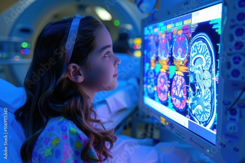 Young resident in a hospital learning about brain inovations in medicine. Brain ct scan. photo