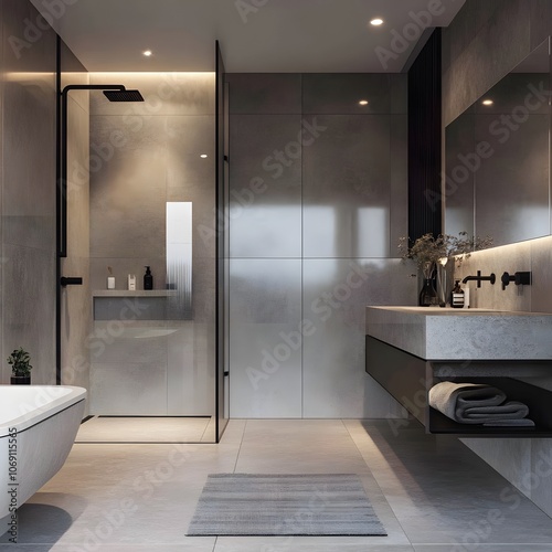 A minimalist bathroom featuring a walk-in shower, floating vanity, and sleek fixtures photo