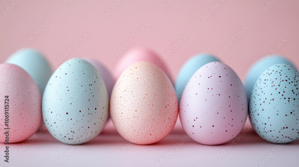 Several different colored eggs lined up in a row on a pink surface, easter holiday