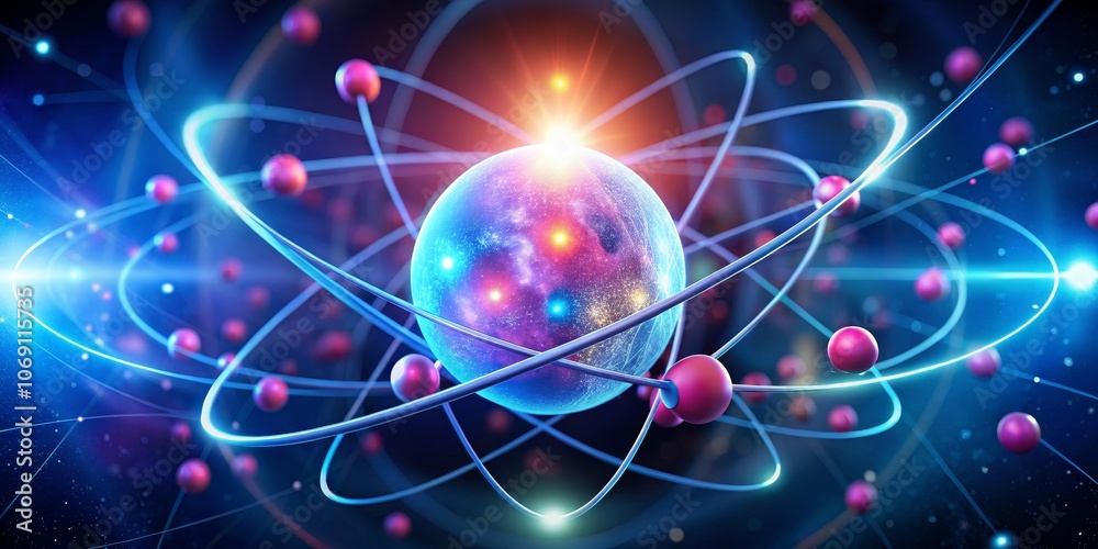 The Atomic Dance of Matter A 3D Rendering of an Atom with Glowing Orbits and Electrons, science, physics, atom The Atomic Dance of Matter A 3D Rendering of an Atom with Glowing Orbits and Electrons, science, physics, atom