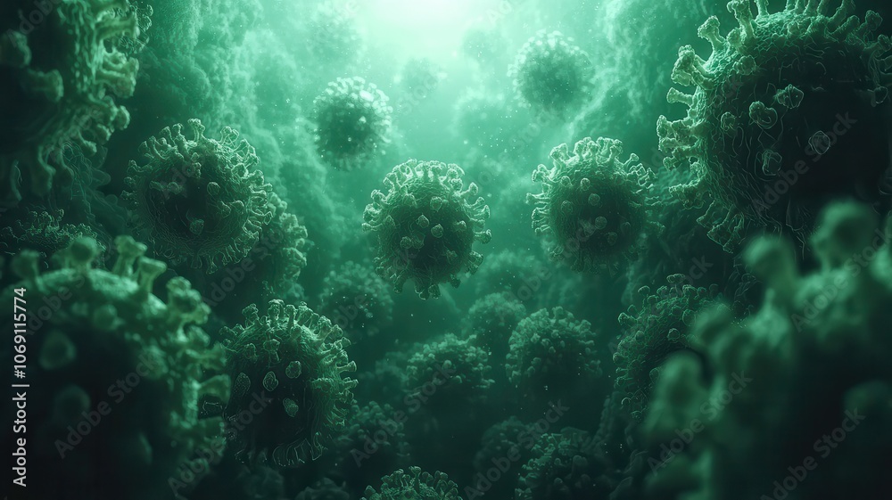 An abstract depiction of a dense cluster of microorganisms, highlighted in shades of green, creating an underwater or microscopic atmosphere. An abstract depiction of a dense cluster of microorganisms, highlighted in shades of green, creating an underwater or microscopic atmosphere.